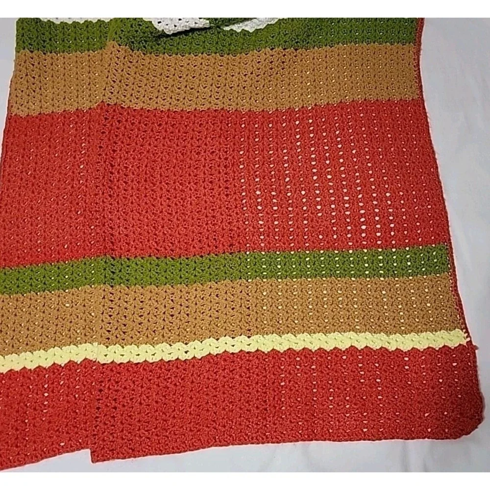 Large Handmade Crocheted Afghan, Orange Yellow Brown Green Stripes, 56‎ X 72